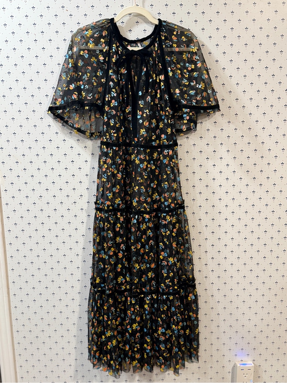 Free People Practical Magic Floral Mesh Velvet Trim Maxi Dress - Size S